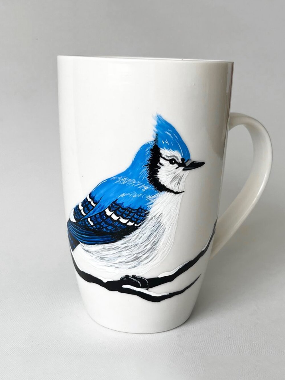 Original Hand Painted Blue Jay Ceramic Mug Signed One of a Kind Bird Art